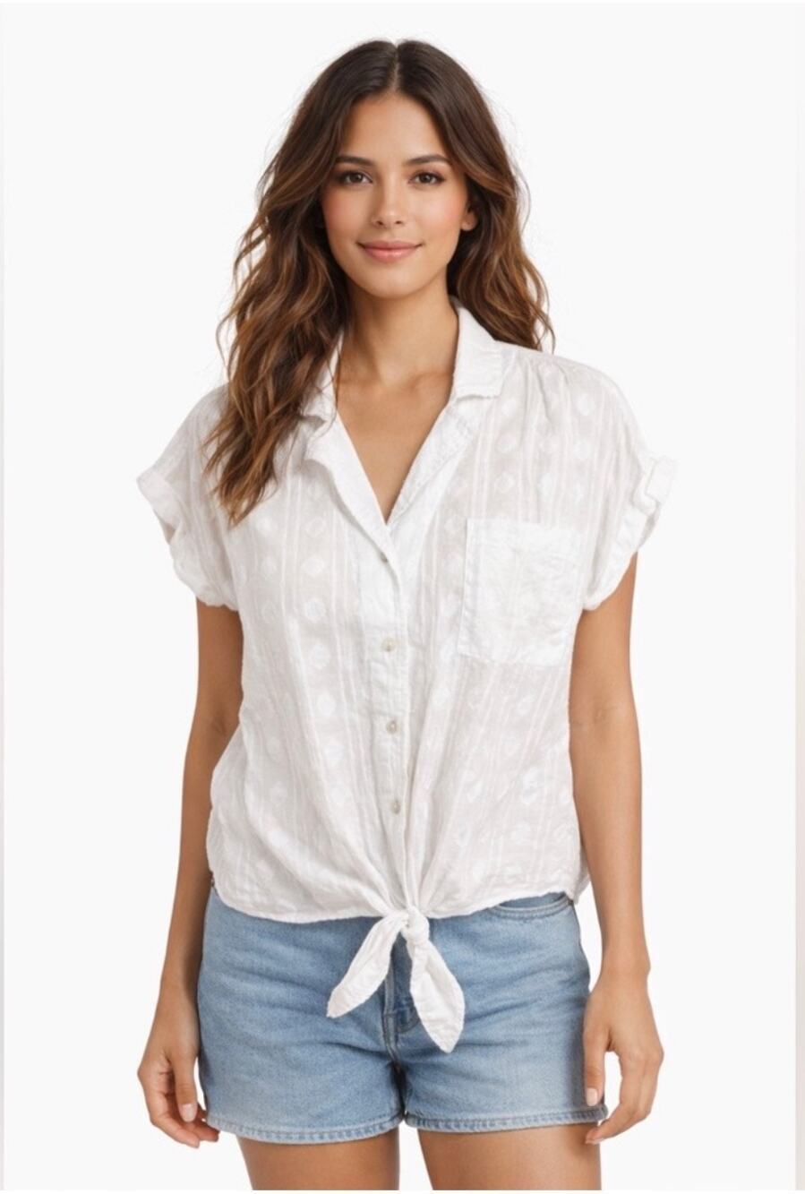 Pilcro White Collared Cropped Tie Up Blouse Top Size Extra Small